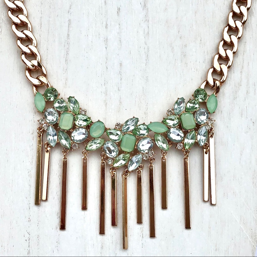 Pale Green Rhinestone Gold Dangle Bib Necklace - Picture 1 of 8